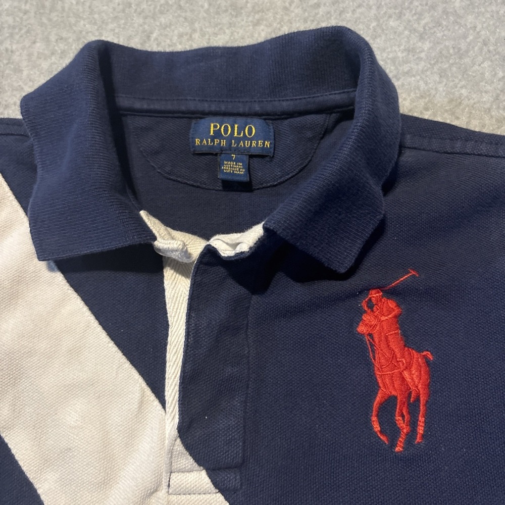Polo Ralph Lauren Big Pony Boys Sz‎ 7 Polo Shirt Striped Blue White - Picture 2 of 11